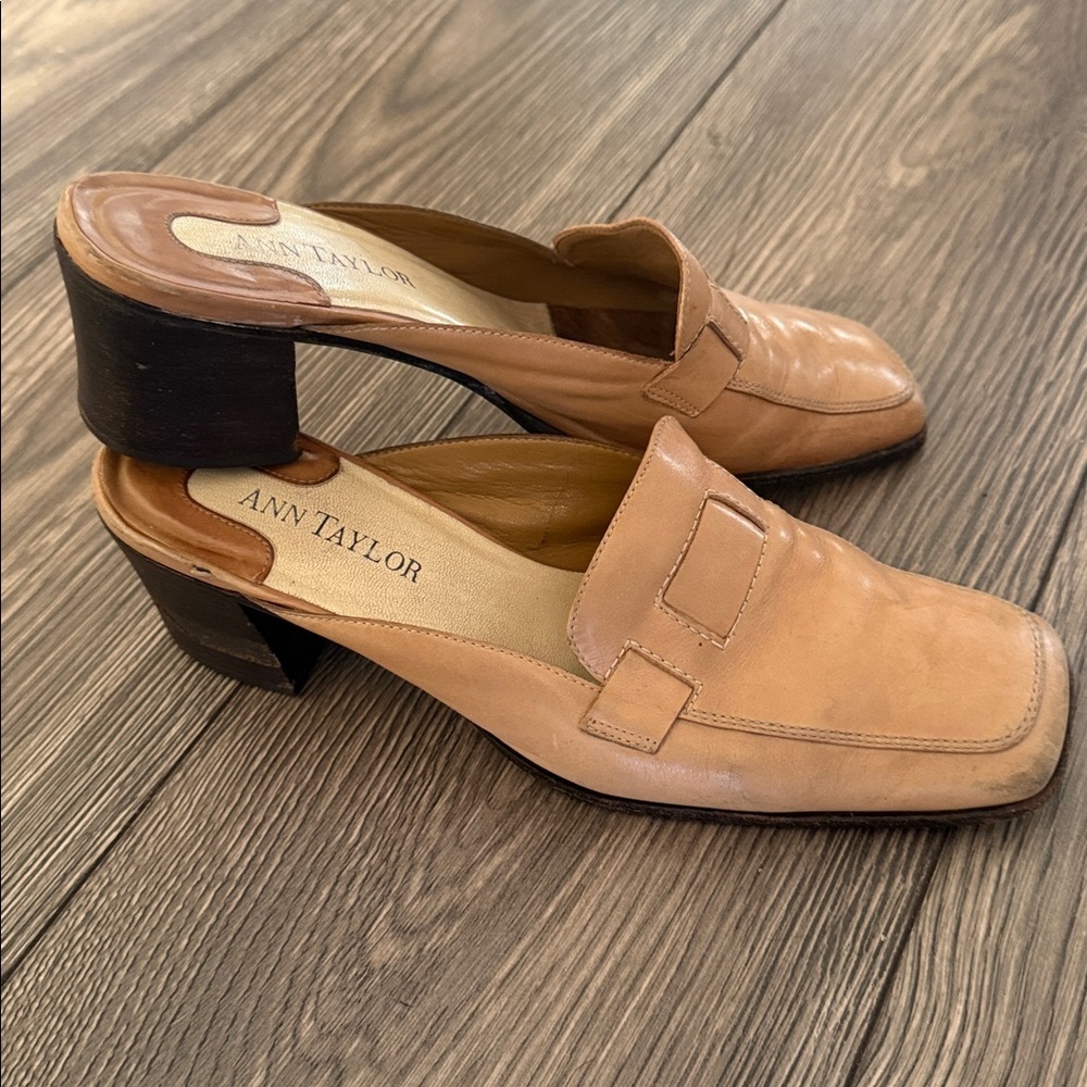 Ann Taylor Leather Sole slip on mule heel earthy tan size 8.5 square toe - Picture 8 of 14